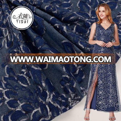 Fashion wholesale royal blue sequin 100% cotton embroidered denim fabric prices  for jeans